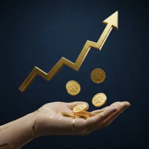 Gráfico financeiro dourado em alta com moedas caindo em uma mão aberta, simbolizando como receber aluguel sem ter imóvel por meio de fundos imobiliários e renda passiva mensal.