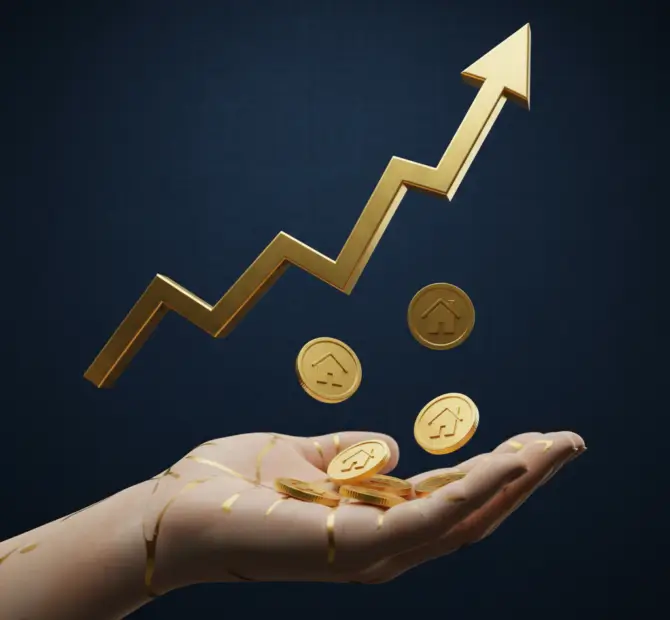 Gráfico financeiro dourado em alta com moedas caindo em uma mão aberta, simbolizando como receber aluguel sem ter imóvel por meio de fundos imobiliários e renda passiva mensal.