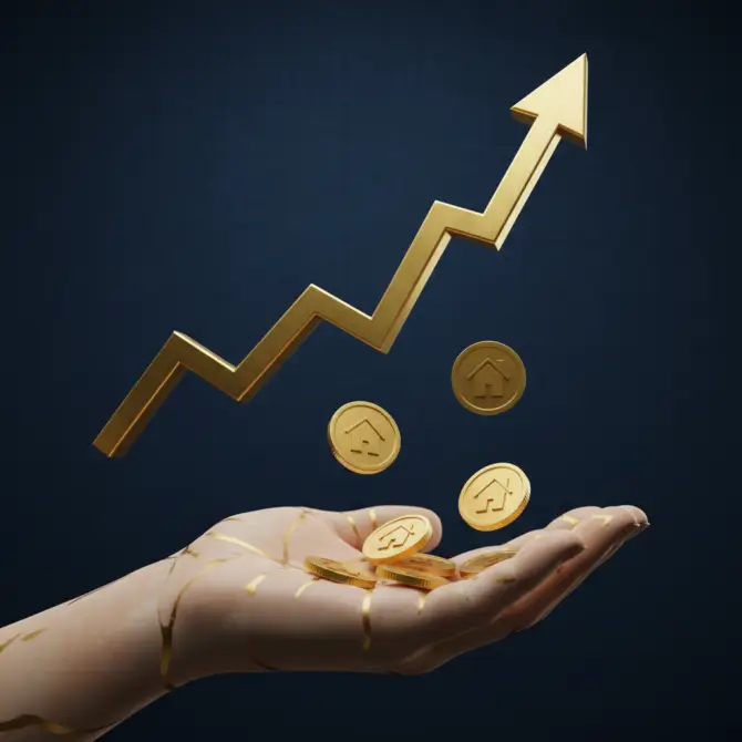 Gráfico financeiro dourado em alta com moedas caindo em uma mão aberta, simbolizando como receber aluguel sem ter imóvel por meio de fundos imobiliários e renda passiva mensal.