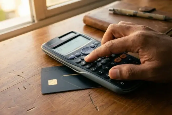Mãos brasileiras usando calculadora ao lado de um cartão de crédito para simular pontos e milhas para iniciantes, focando no cálculo de conversão e valor dos pontos.