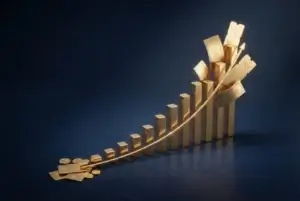 Gráfico 3D dourado ascendendo sobre fundo azul marinho, simbolizando pontos e milhas para iniciantes valorizando