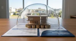 Seguro residencial custo-benefício representado por uma casa moderna protegida por uma cúpula transparente sobre documentos financeiros e moedas, simbolizando proteção da reserva de emergência e decisão financeira inteligente
