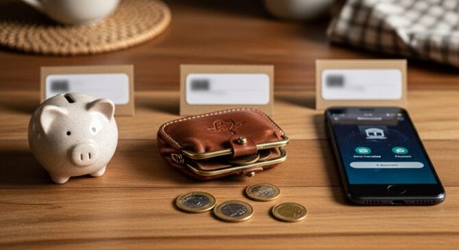 Mesada por idade: cofrinho, carteira e Pix como etapas de aprendizado financeiro Infográfico fotográfico em flat-lay com cofrinho, carteira com moedas e celular representando mesada por idade e educação financeira para crianças, sobre mesa de madeira e sem texto legível.