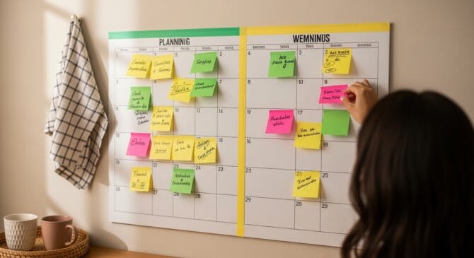 Rotina em família: quanto dar de mesada por idade com post-its no quadro branco Quadro branco em casa com post-its coloridos organizados em duas colunas marcadas por fita verde e amarela, mostrando rotina em família para conversar sobre dinheiro e educação financeira para crianças com mesada por idade, sem textos legíveis.